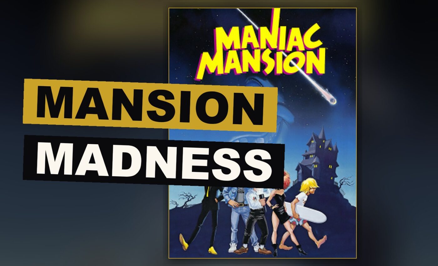 A mansion stands dark with lit windows as three teens approach its door at night.