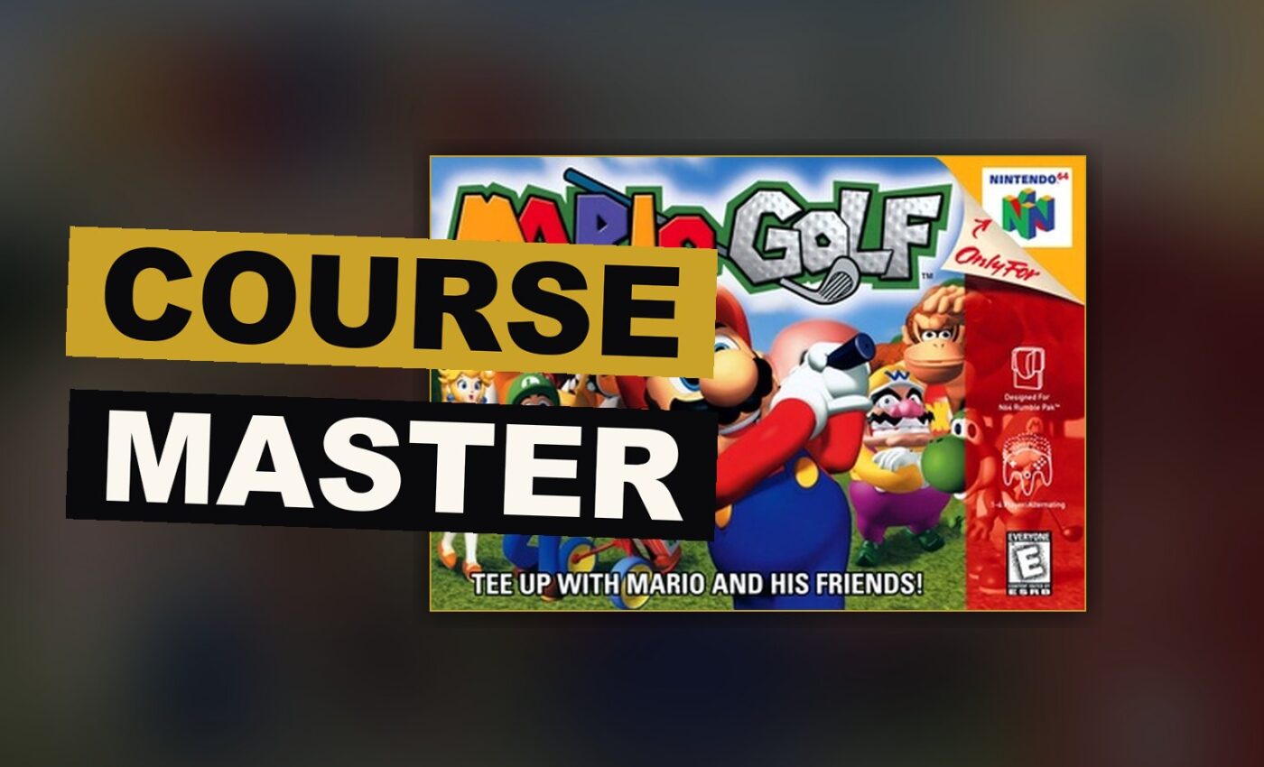 A golf course scene where a small hero, a princess and a great horned king take their turns upon the green.