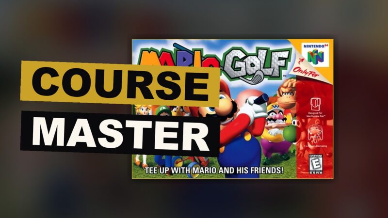 A golf course scene where a small hero, a princess and a great horned king take their turns upon the green.