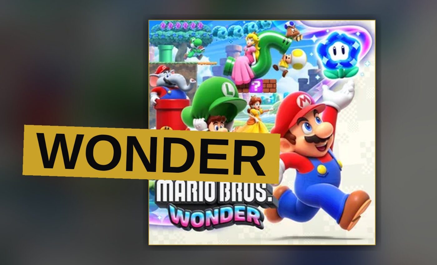 Mario holds a glowing Wonder Flower in the Flower Kingdom, surrounded by cheerful talking flowers.