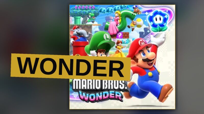 Mario holds a glowing Wonder Flower in the Flower Kingdom, surrounded by cheerful talking flowers.