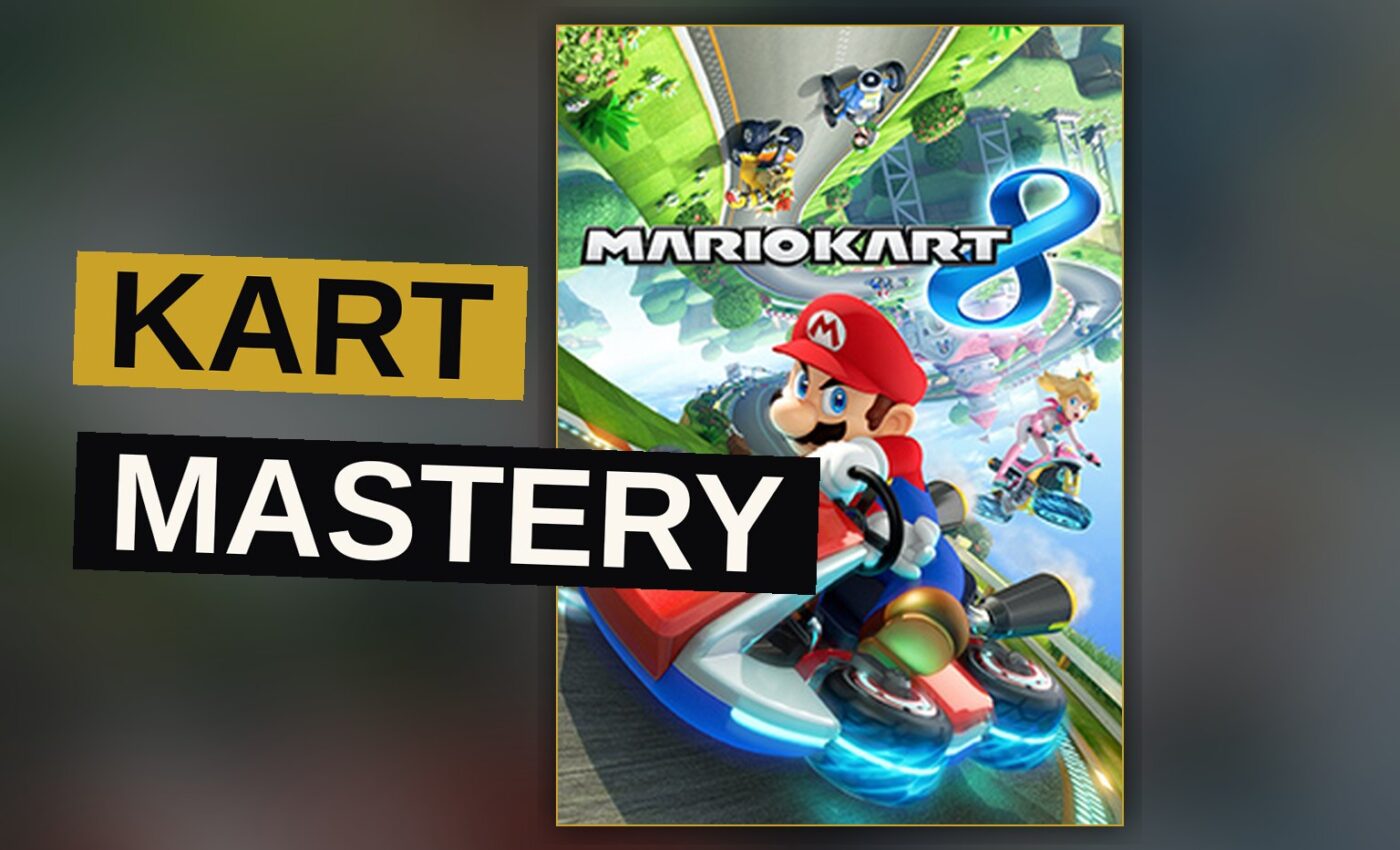 Mario races his kart upside down on a glowing blue magnetic track, surrounded by speed effects and floating items.