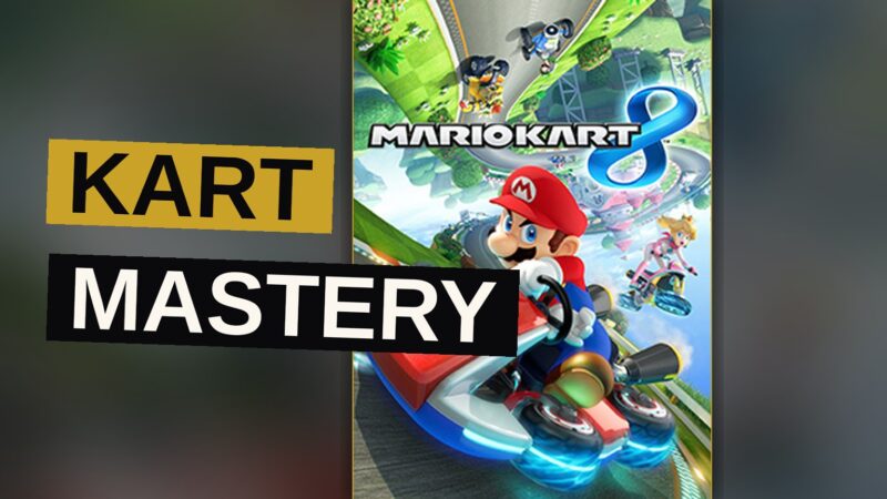 Mario races his kart upside down on a glowing blue magnetic track, surrounded by speed effects and floating items.