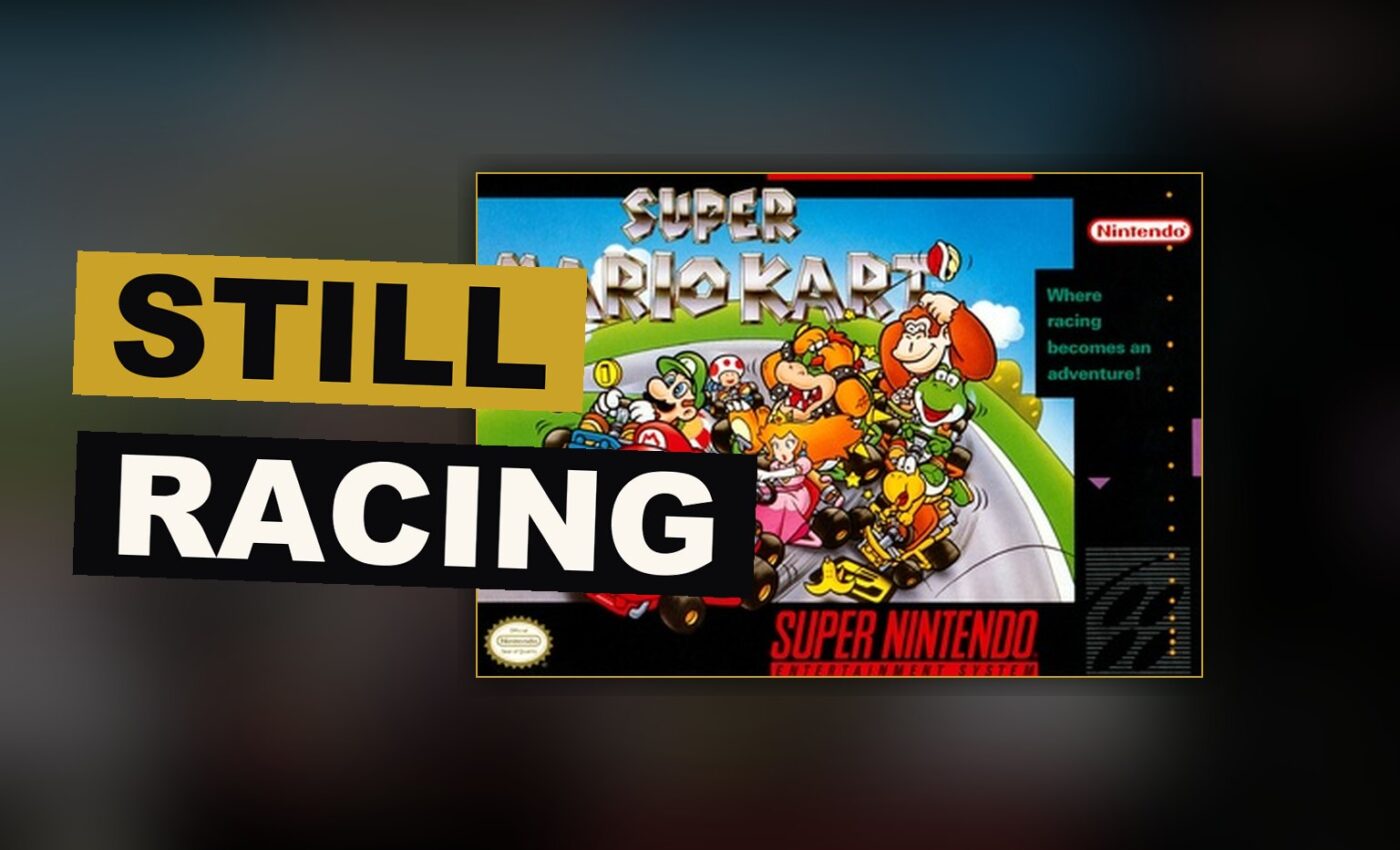 Eight racers of curious design contend upon their karts along a bright and winding course.