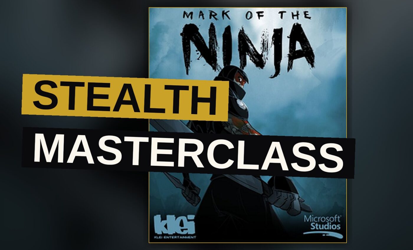 A ninja character hangs from a ceiling in a dark, stylized 2D level, observing a guard below.
