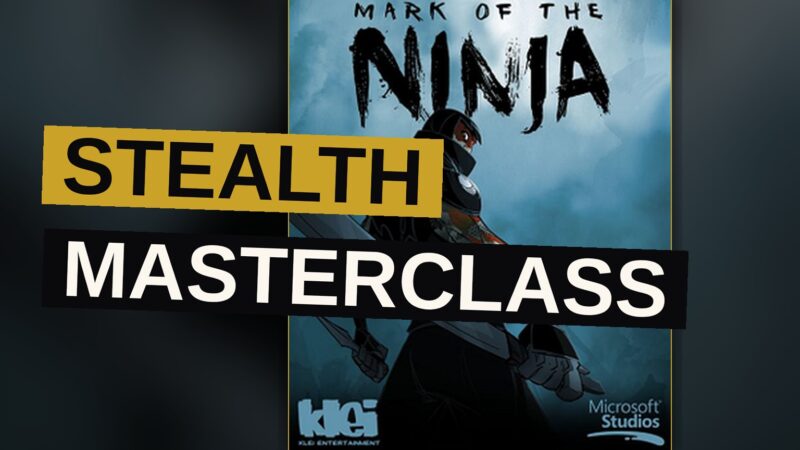 A ninja character hangs from a ceiling in a dark, stylized 2D level, observing a guard below.