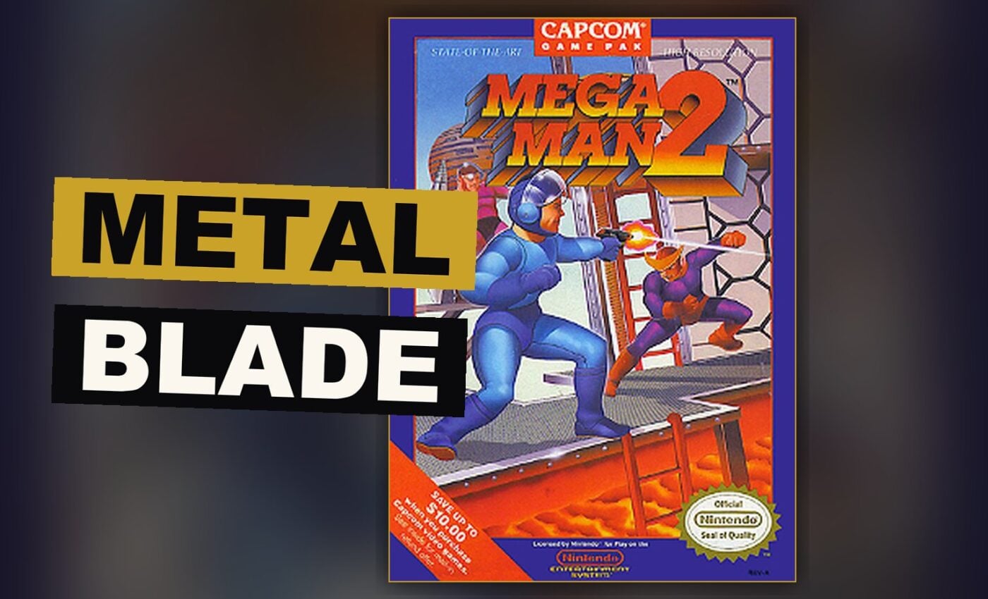 A blue armored figure faces a great metal foe amid the halls of a mechanical fortress.