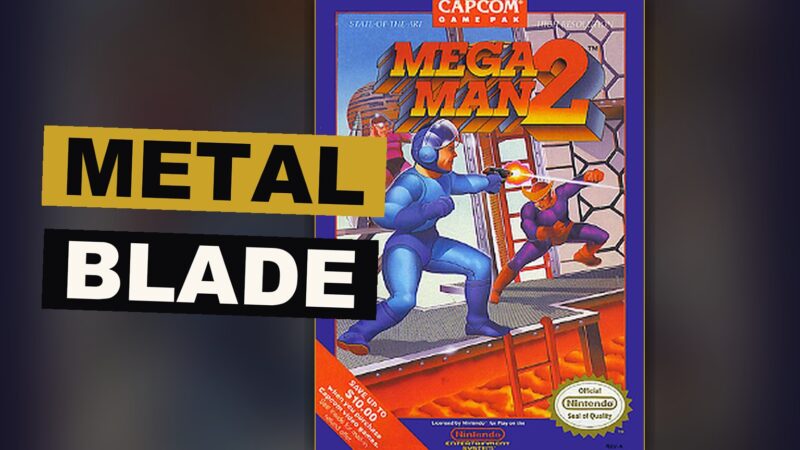 A blue armored figure faces a great metal foe amid the halls of a mechanical fortress.