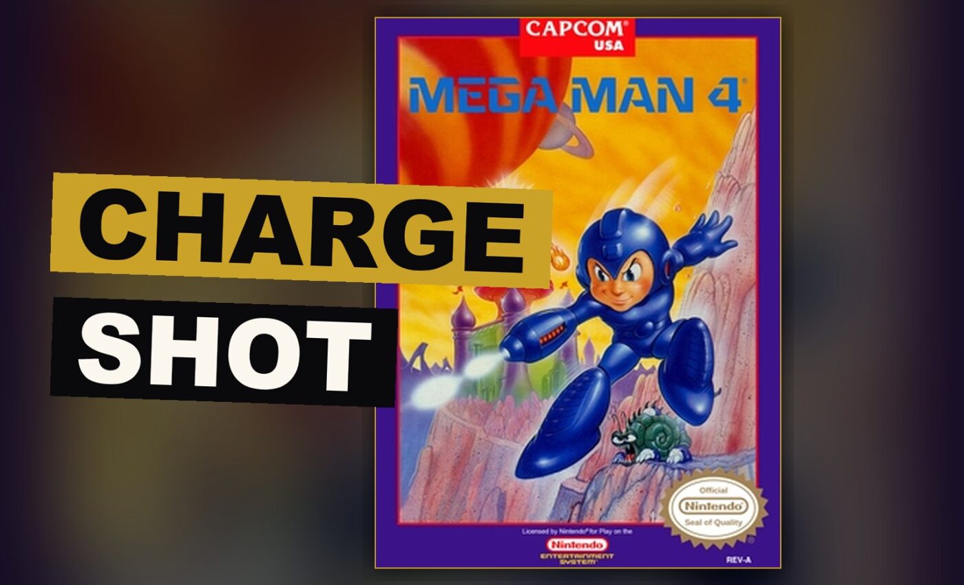 A blue robot hero charges his arm amid a fortress of falling rain and mechanical peril.