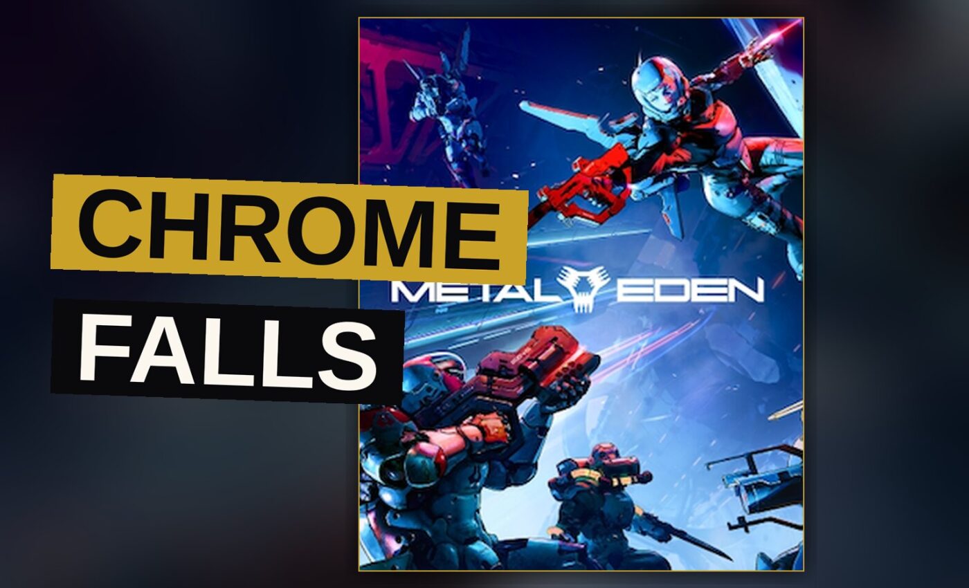 A robot pilot glides above the crumbling towers of Chrome, weapon drawn amid the falling light.