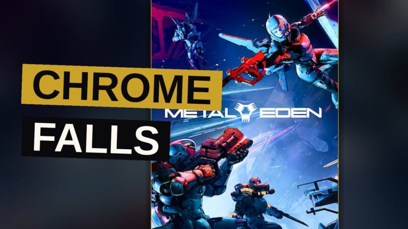 A robot pilot glides above the crumbling towers of Chrome, weapon drawn amid the falling light.