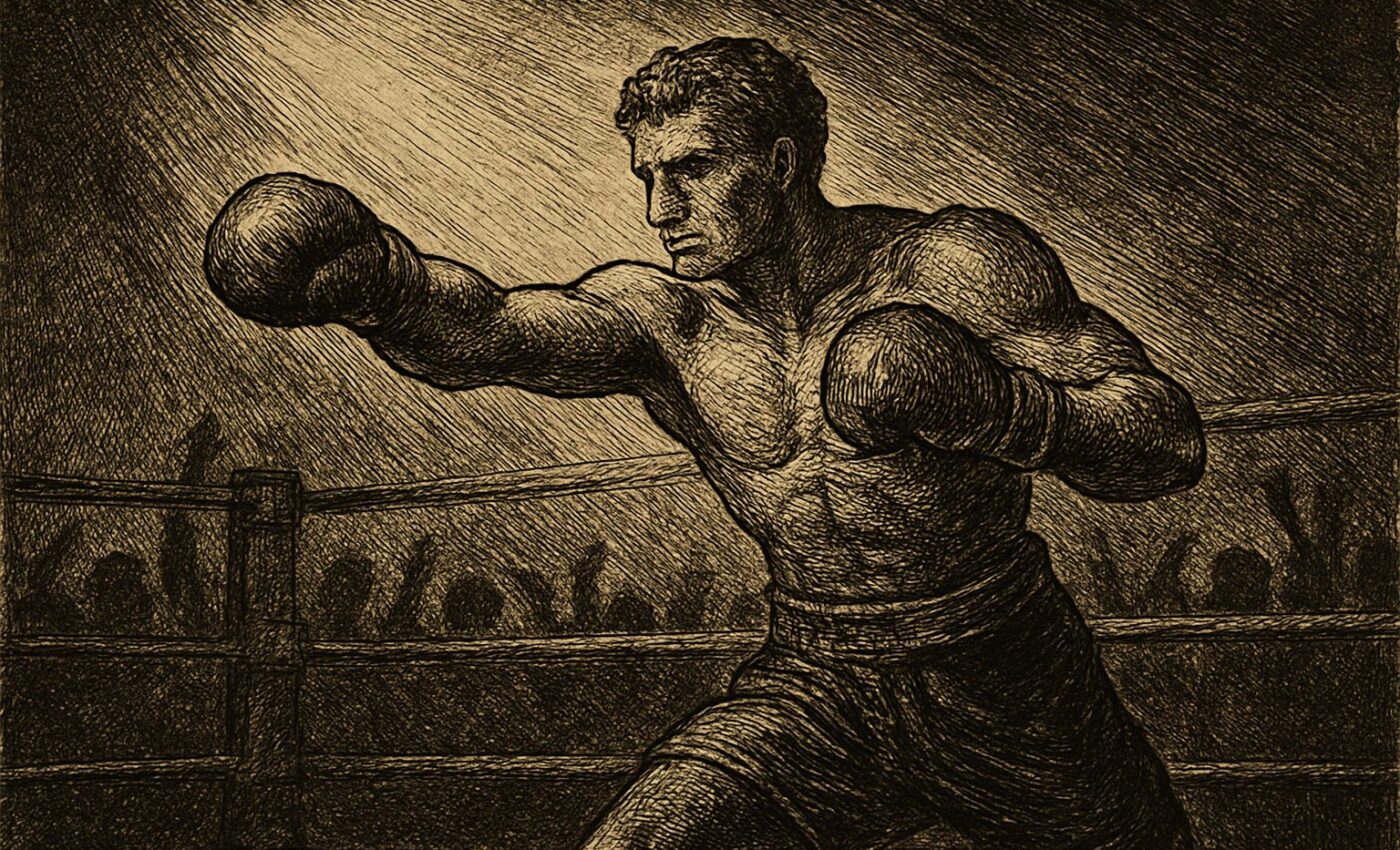 A boxer stands ready within the ring, fists raised, awaiting the foe's telling motion.