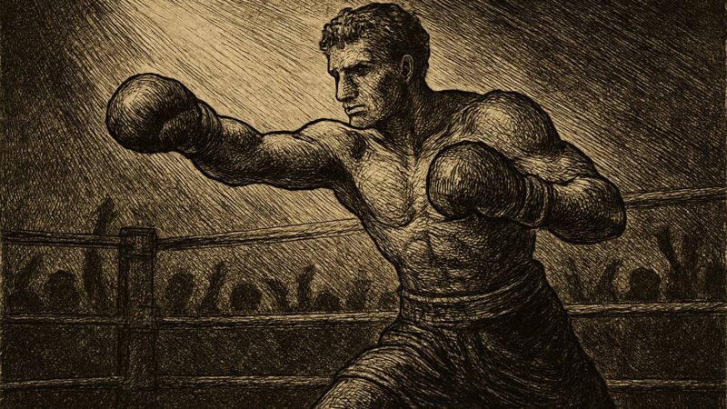 A boxer stands ready within the ring, fists raised, awaiting the foe's telling motion.