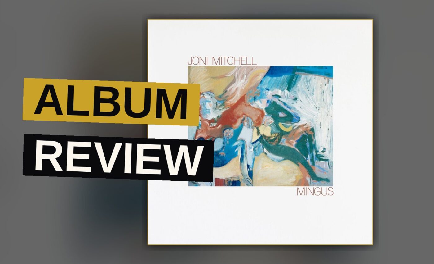 A muted portrait of Joni Mitchell in profile with abstract jazz shapes in the background.