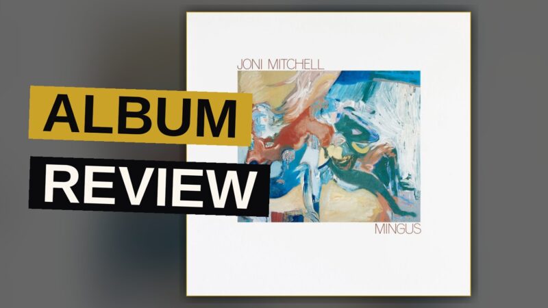 A muted portrait of Joni Mitchell in profile with abstract jazz shapes in the background.