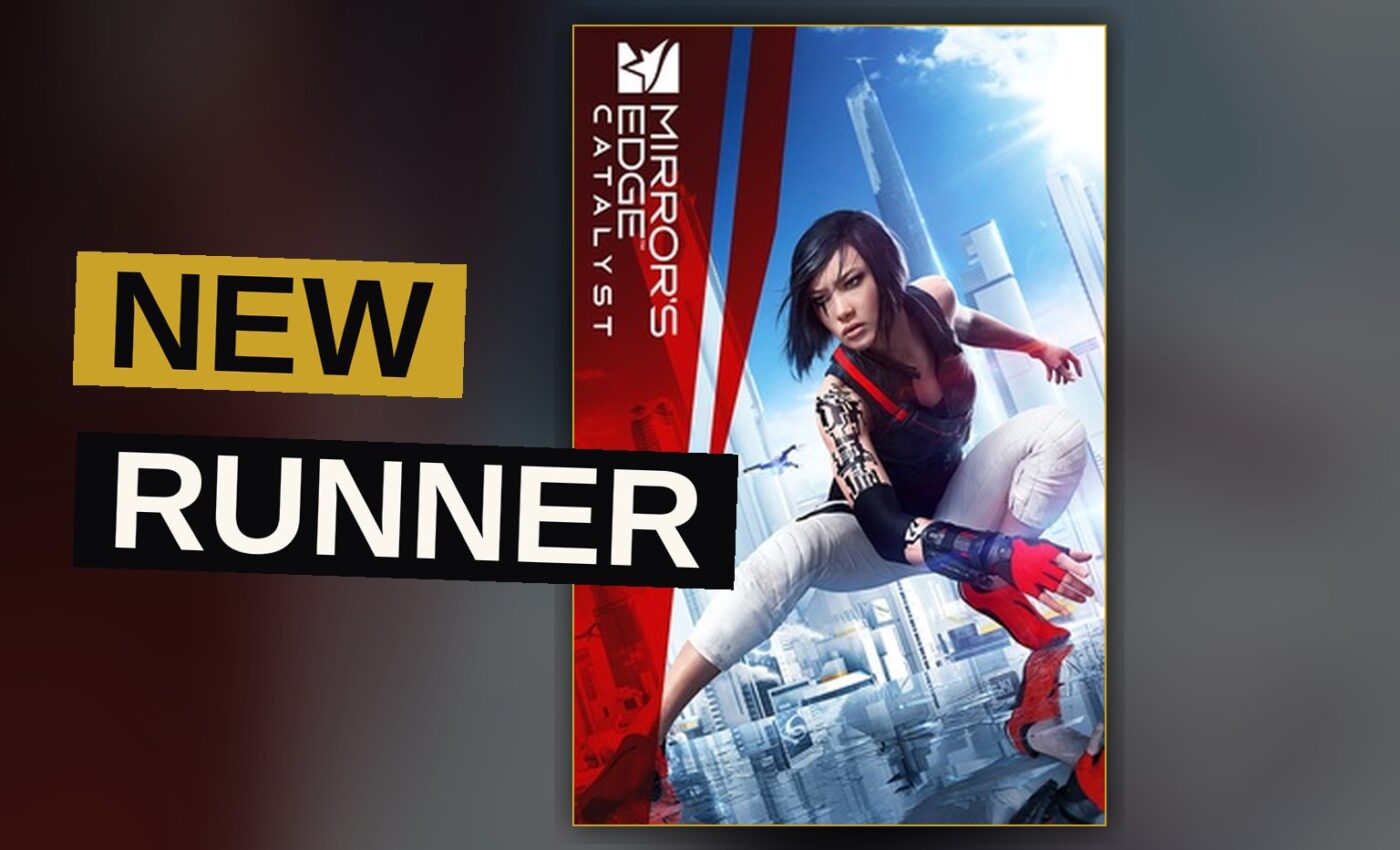 A runner sprints across a towering rooftop as rain falls upon the glass city below.