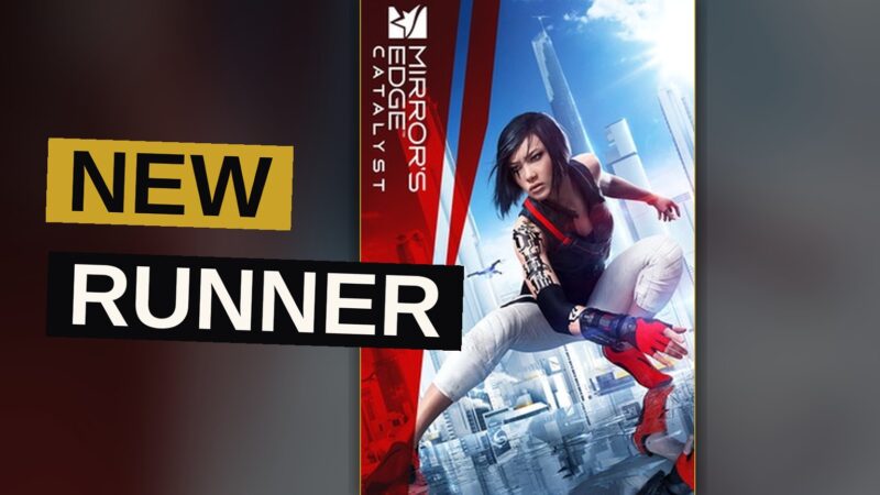 A runner sprints across a towering rooftop as rain falls upon the glass city below.