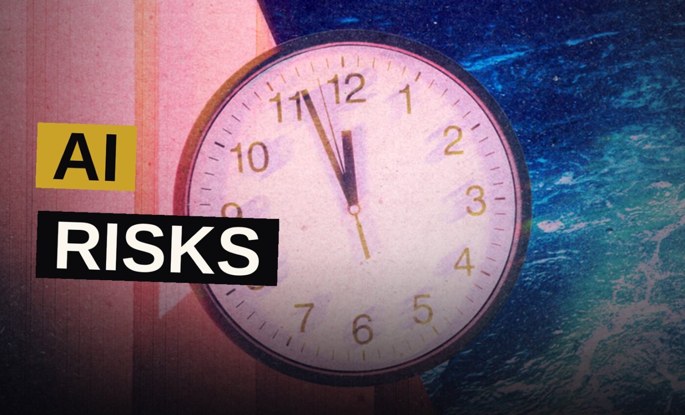 A robotic figure stands before a countdown clock in a shadowy room, symbolizing humanity's uncertain future.