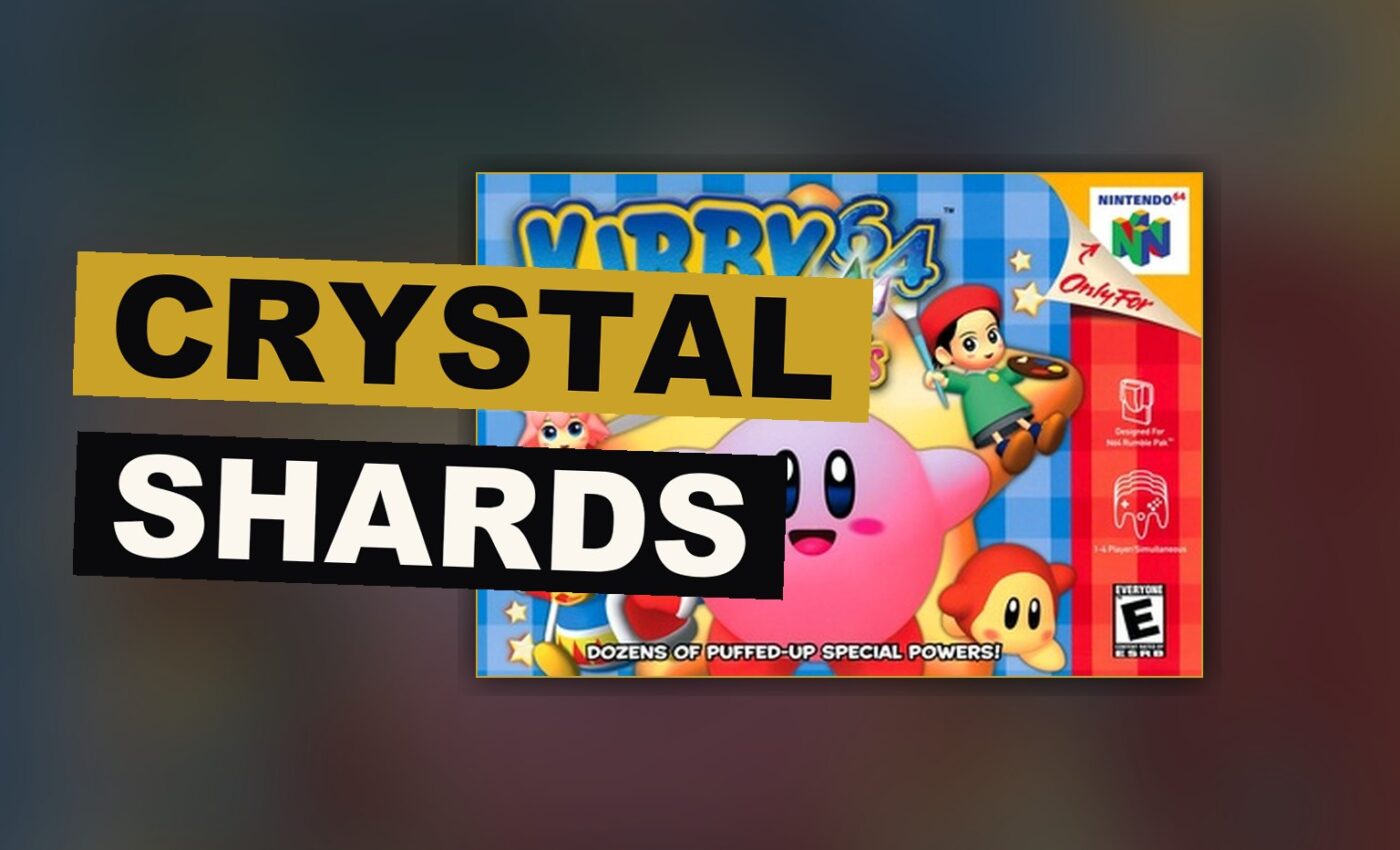 A pink round hero bounds amid shining crystal shards within a bright, cheerful realm.