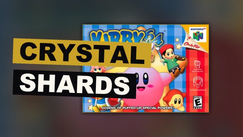 A pink round hero bounds amid shining crystal shards within a bright, cheerful realm.