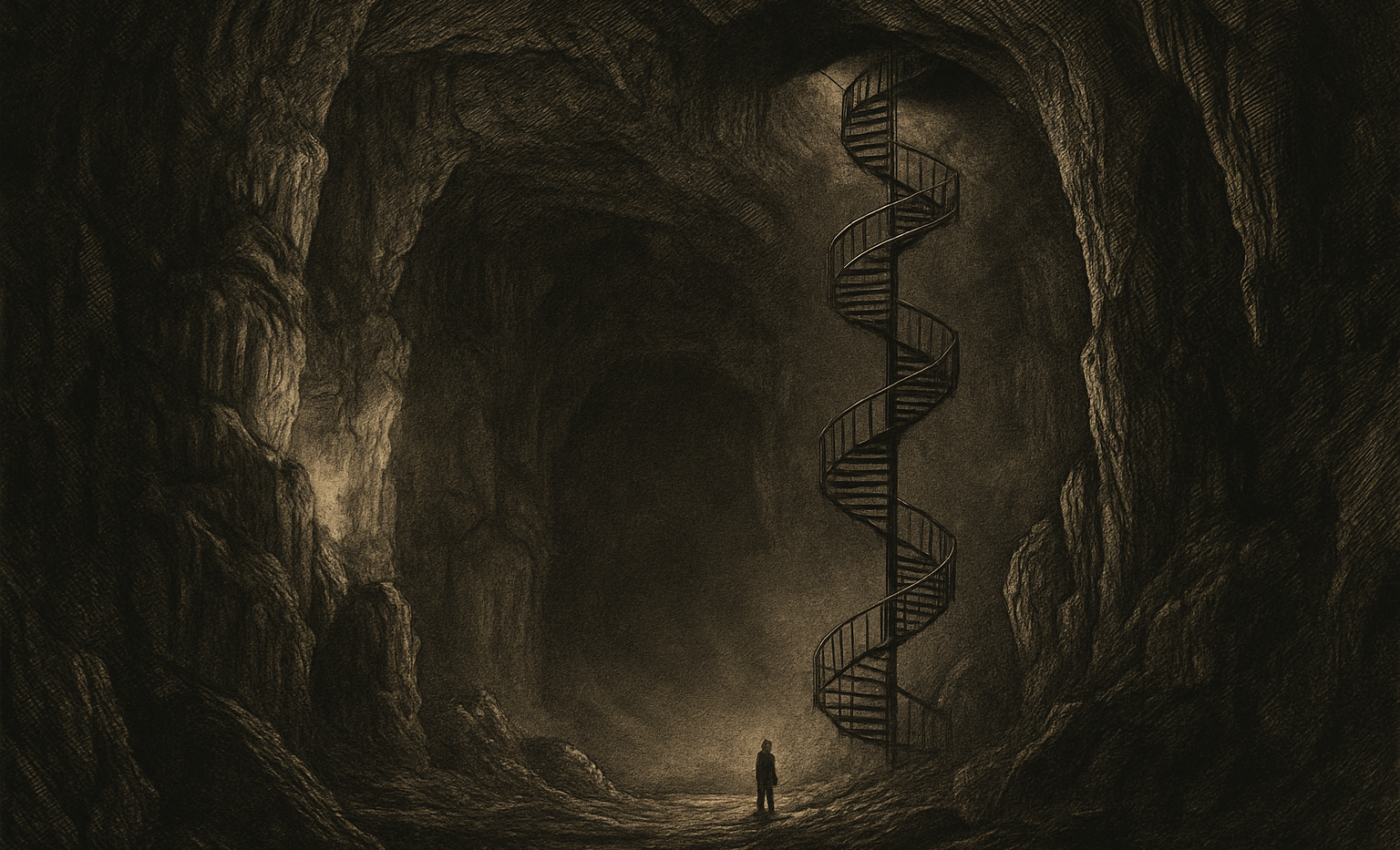 Visitors descend a narrow steel spiral staircase into the vast, shadowy main chamber of Moaning Caverns.