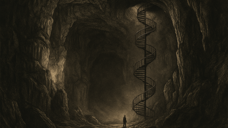 Visitors descend a narrow steel spiral staircase into the vast, shadowy main chamber of Moaning Caverns.