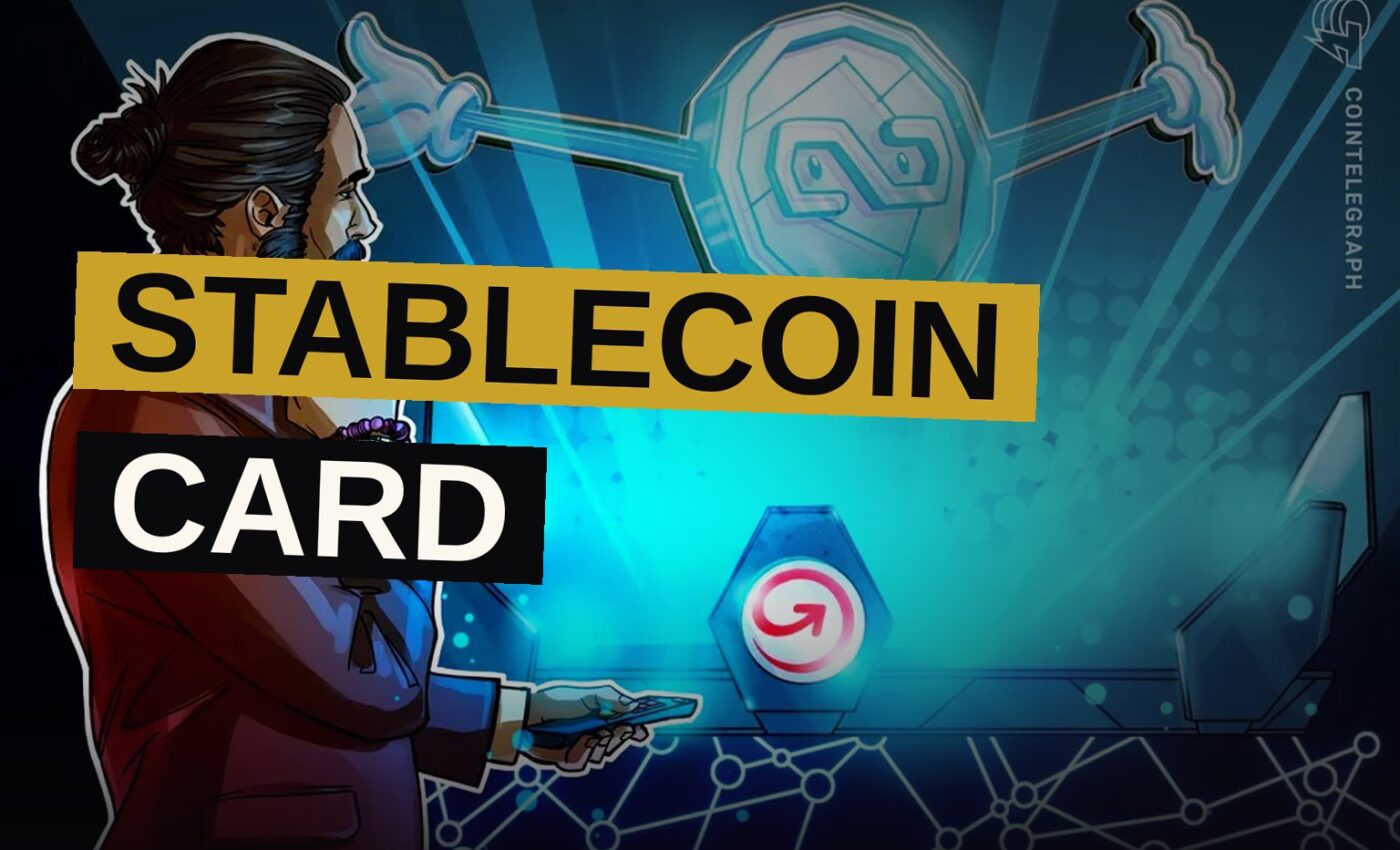 A virtual stablecoin debit card displayed above a smartphone, with digital dollar symbols and a blockchain network motif.