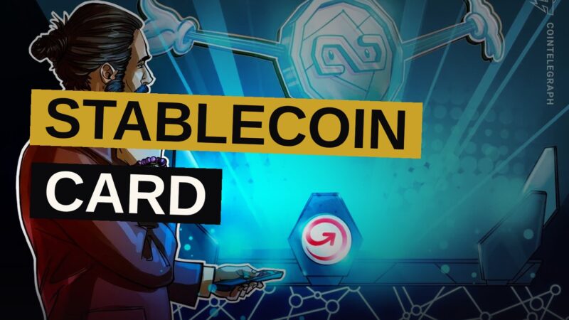A virtual stablecoin debit card displayed above a smartphone, with digital dollar symbols and a blockchain network motif.