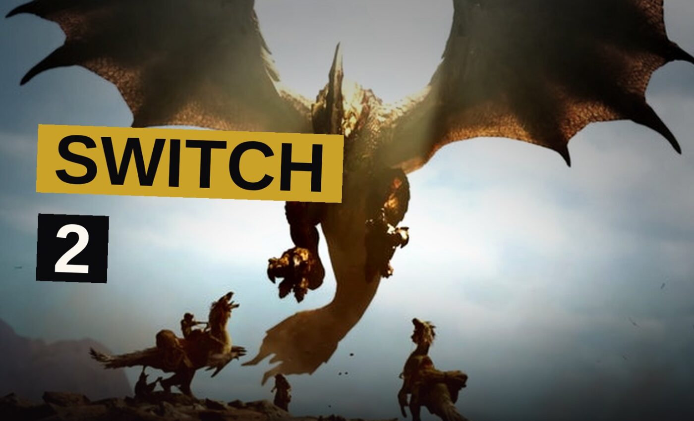 Two hunters face a massive monster in a wild landscape, with a Nintendo Switch 2 console in the foreground.