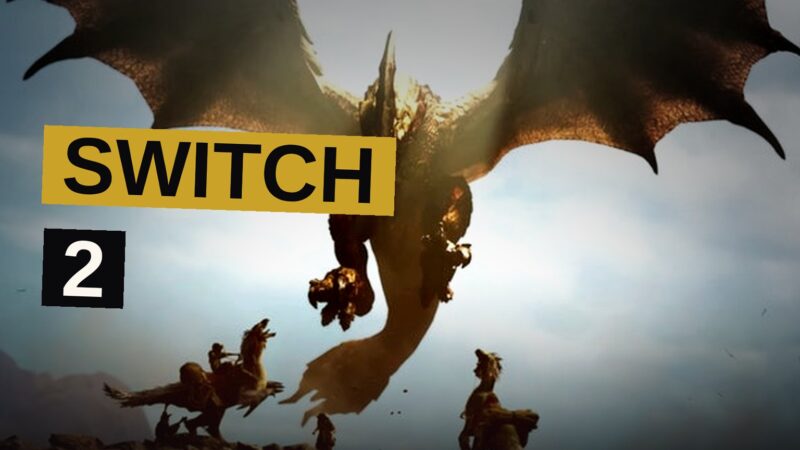 Two hunters face a massive monster in a wild landscape, with a Nintendo Switch 2 console in the foreground.