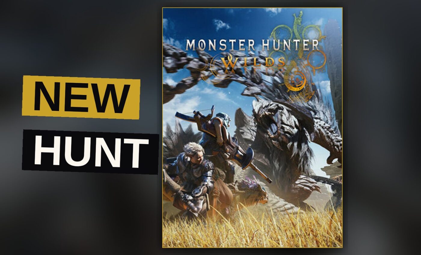 A hunter and companion stand before a vast desert as a monstrous beast emerges from the swirling storm.