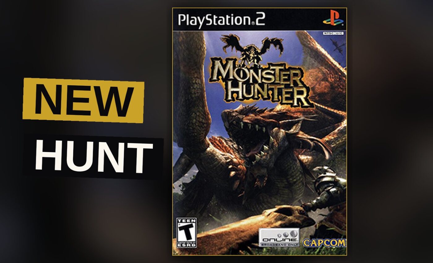 A hunter clashes with a giant flying wyvern deep in a lush jungle.