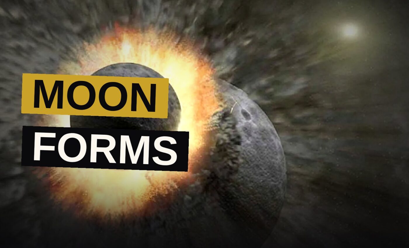 Illustration of a planet colliding with another body, sending glowing debris into orbit where it quickly forms a single moon.