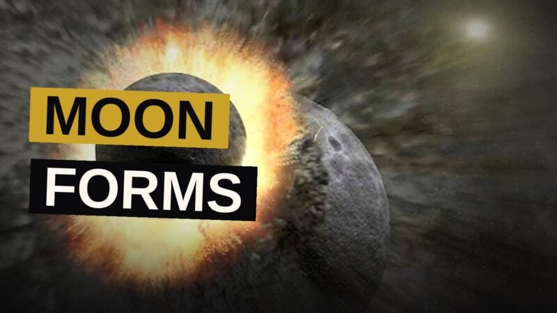 Illustration of a planet colliding with another body, sending glowing debris into orbit where it quickly forms a single moon.