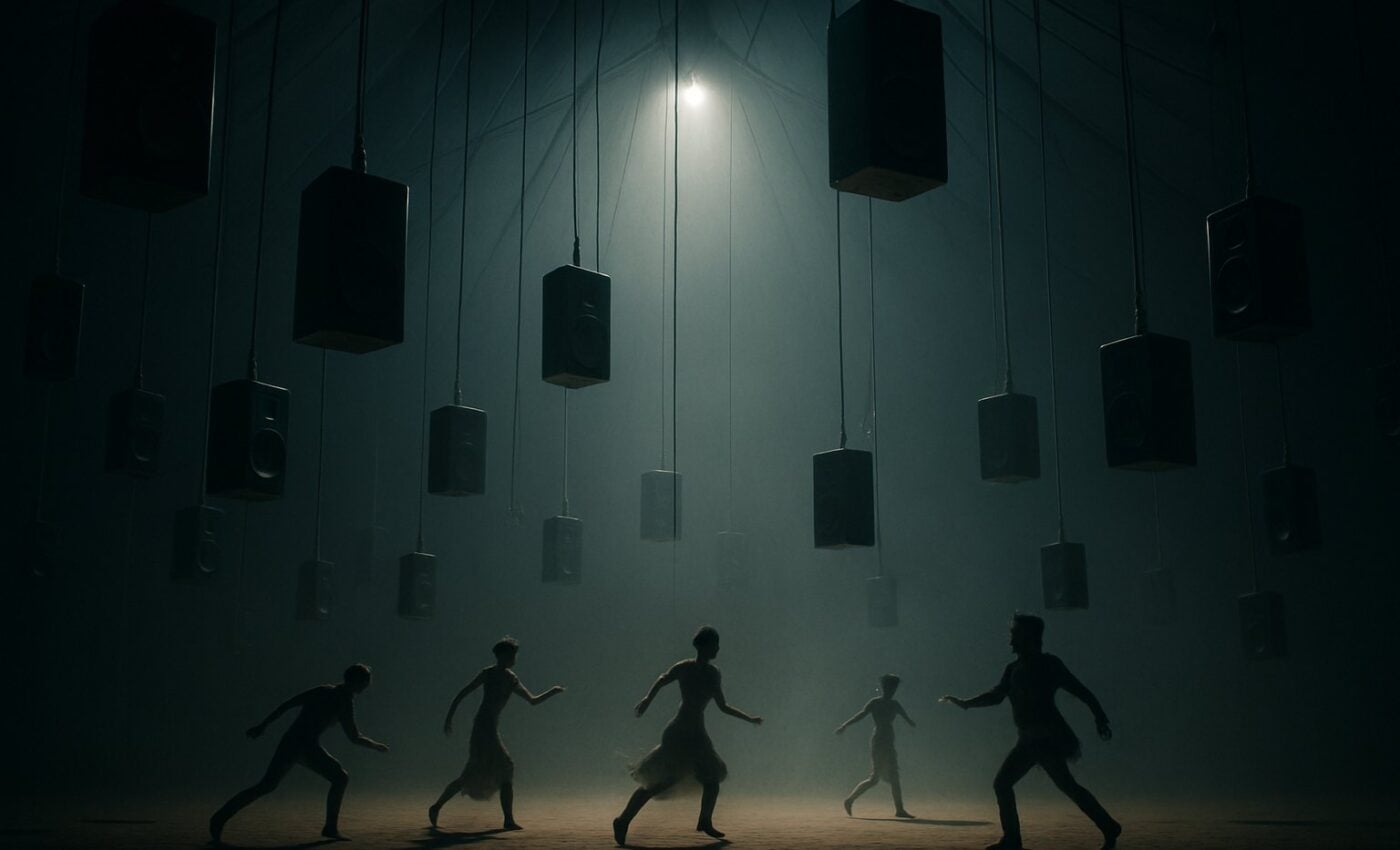 Speakers are held by long cords beneath the roof of a great tent, while shadowy figures move among them as if mixing spirits into sound.