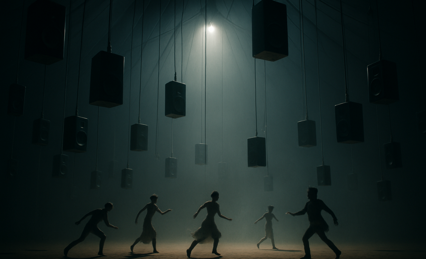 Speakers are held by long cords beneath the roof of a great tent, while shadowy figures move among them as if mixing spirits into sound.