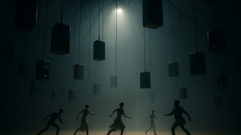 Speakers are held by long cords beneath the roof of a great tent, while shadowy figures move among them as if mixing spirits into sound.