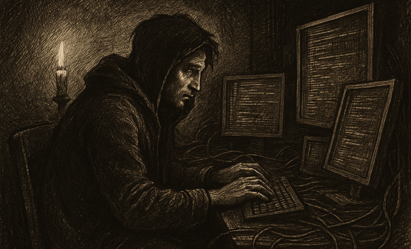 A hacker sits amid glowing computer monitors in a dimly lit room.
