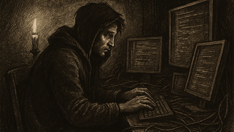 A hacker sits amid glowing computer monitors in a dimly lit room.