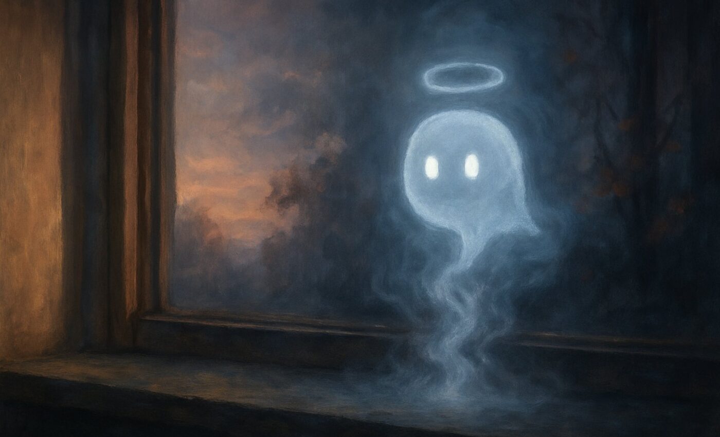 A pale spirit departs above a chamber window, its warm summer light yielding to the cold silence of autumn.