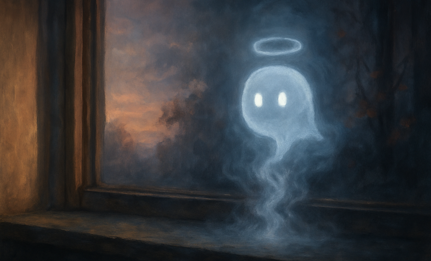 A pale spirit departs above a chamber window, its warm summer light yielding to the cold silence of autumn.
