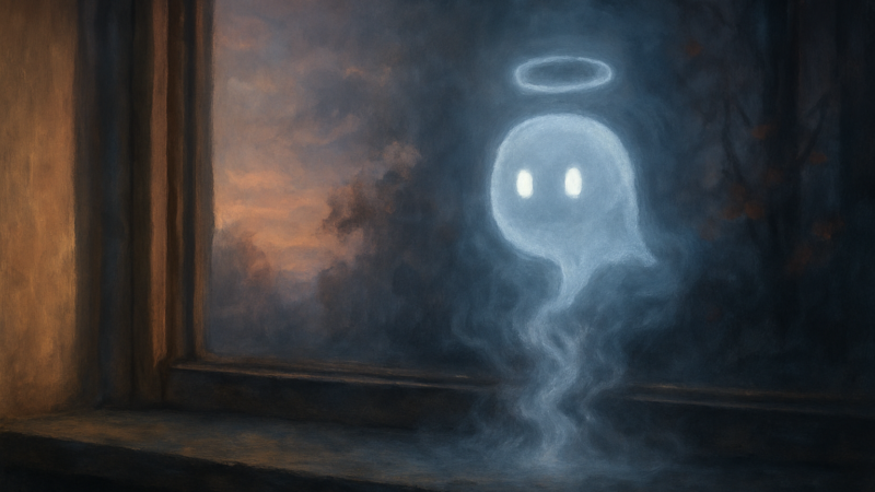 A pale spirit departs above a chamber window, its warm summer light yielding to the cold silence of autumn.