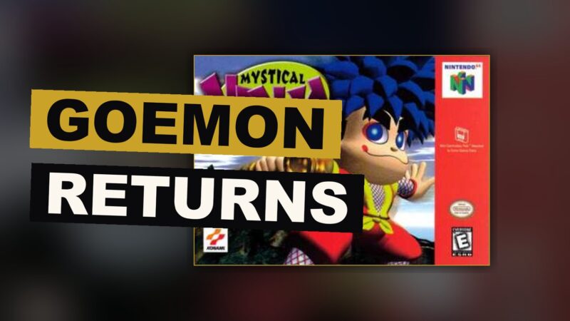 Goemon stands amid a strange town, a giant robot beyond him, in a scene of light and jesting spirit.
