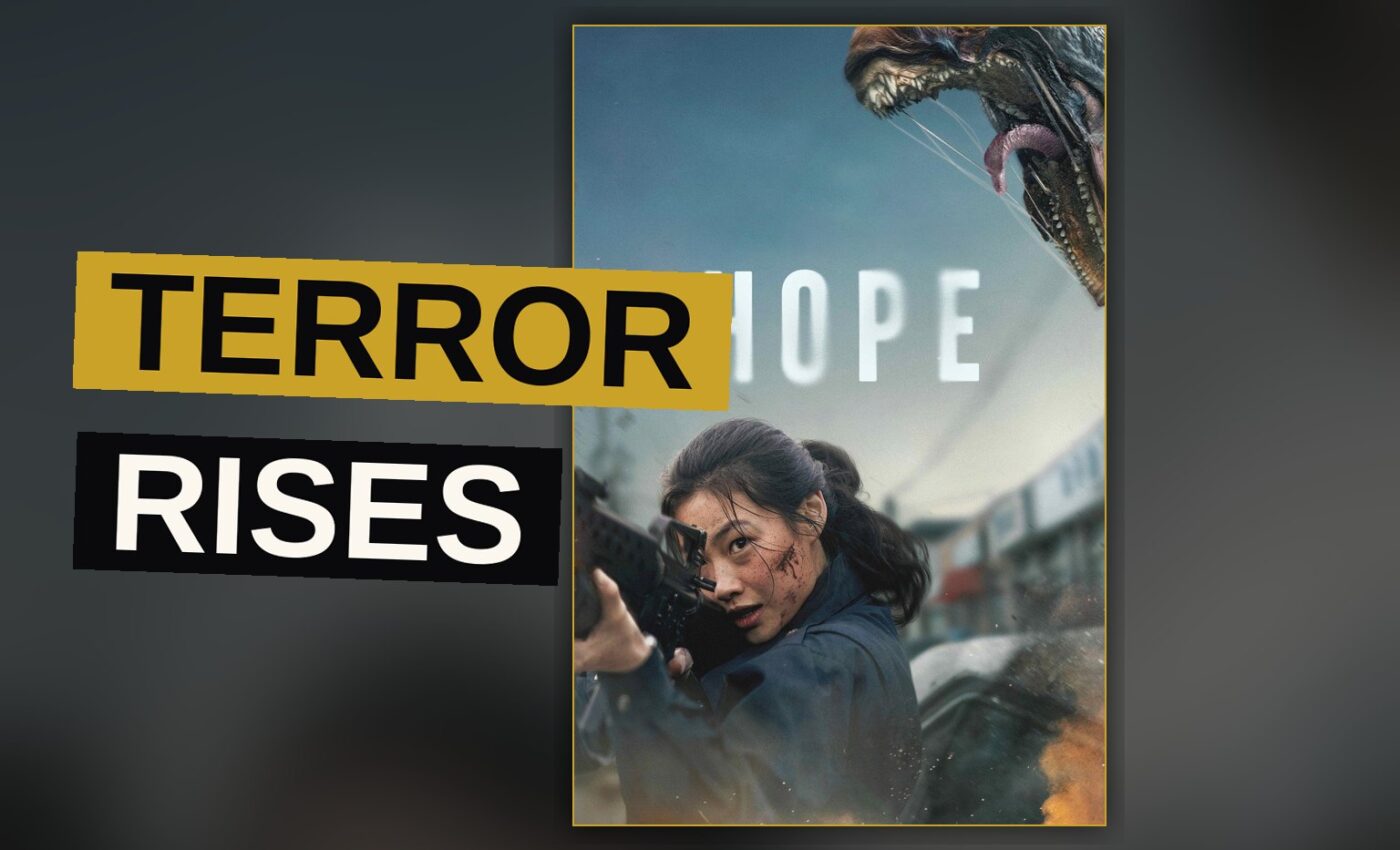 A monster rises above a fishing village called Hope while two officers approach in dread.
