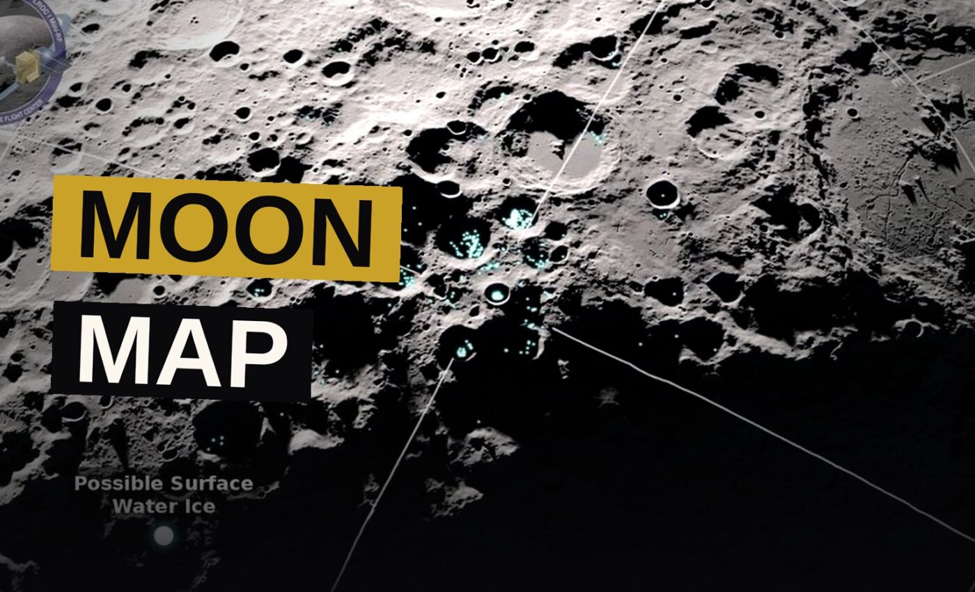 A digital visualization of the moon's surface with craters and elevation data, highlighted by glowing grid lines and data points.