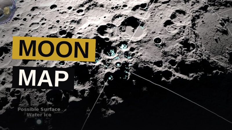 A digital visualization of the moon's surface with craters and elevation data, highlighted by glowing grid lines and data points.