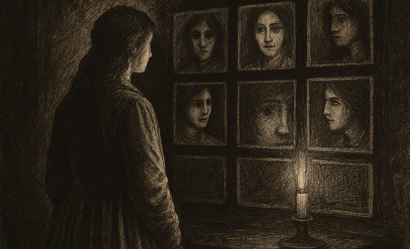 A solitary woman stands before a wall of glowing images that mirror her own divided likeness.