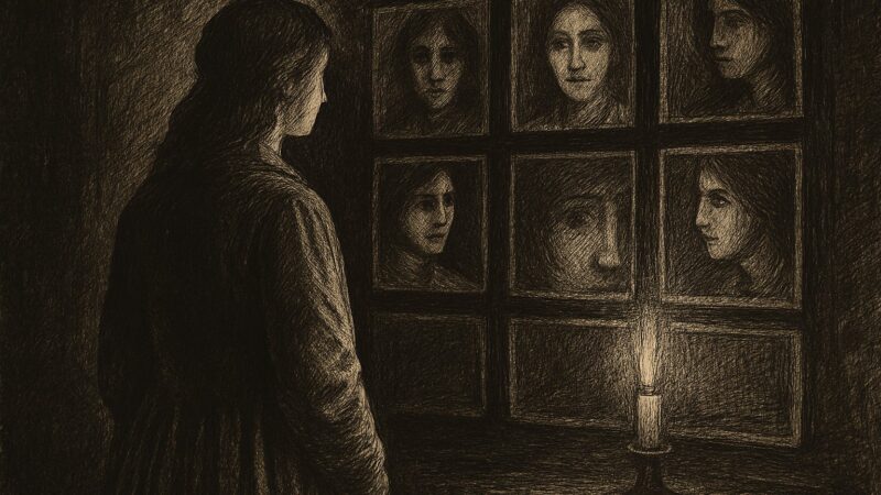 A solitary woman stands before a wall of glowing images that mirror her own divided likeness.