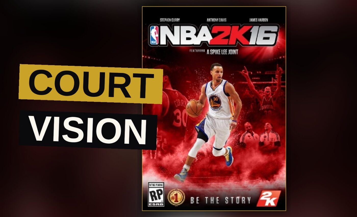 A basketball player dribbles on a glossy court under bright arena lights in a video game.