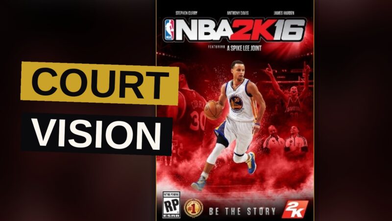 A basketball player dribbles on a glossy court under bright arena lights in a video game.